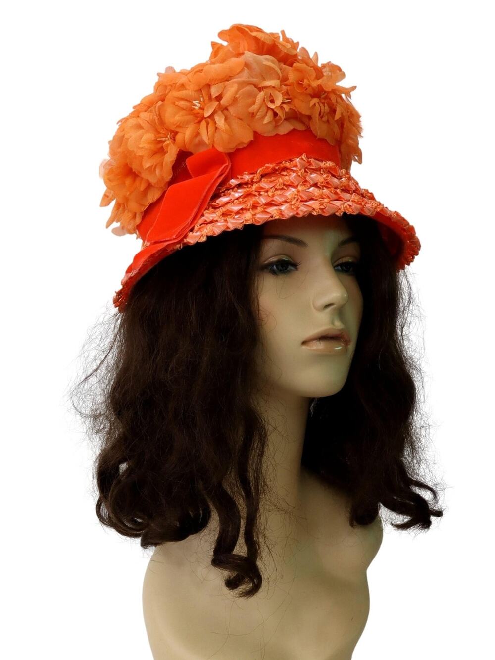 Vintage 1960s Orange Floral Raffia Straw Hat Velvet Ribbon Garden Party